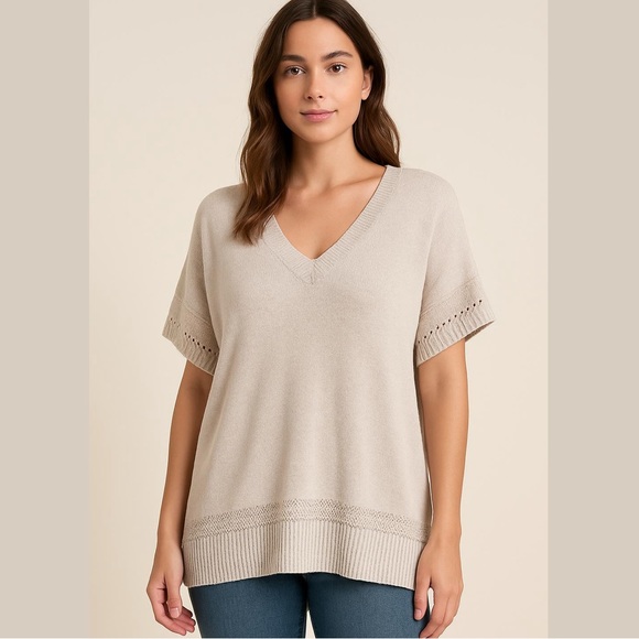 JOIE Cotton V-Neck Short Sleeve Dolman Sweater Cream Beige SIZE LARGE - Picture 1 of 10